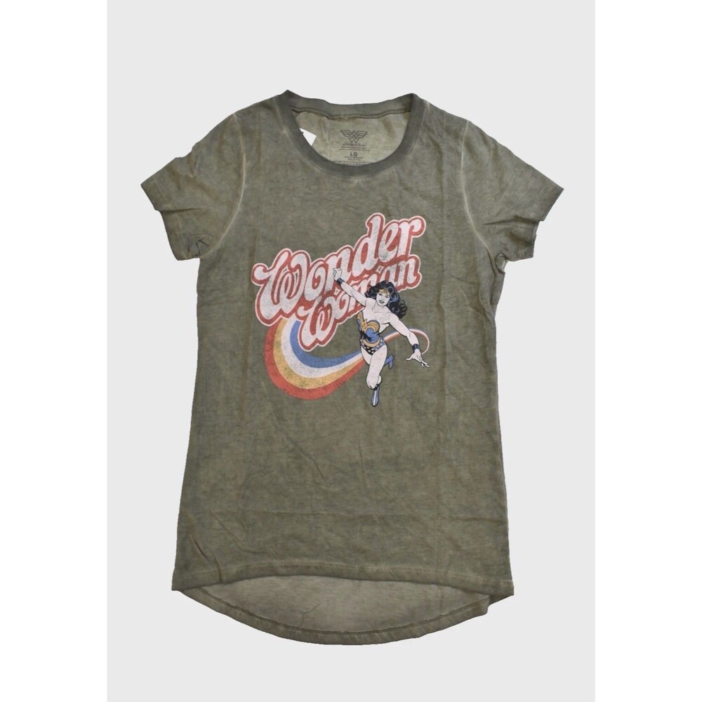 Wonder Woman Juniorsâ Retro Comic Graphic Green Oil Wash Shirt NWT M Medium